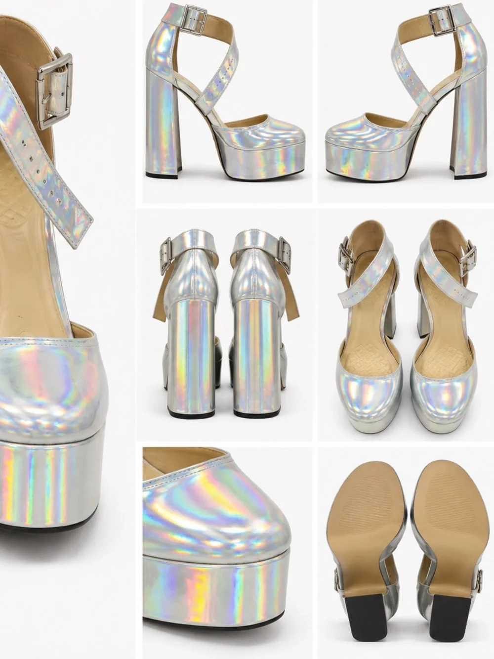 Holographic Silver Platform Mary Jane Heels